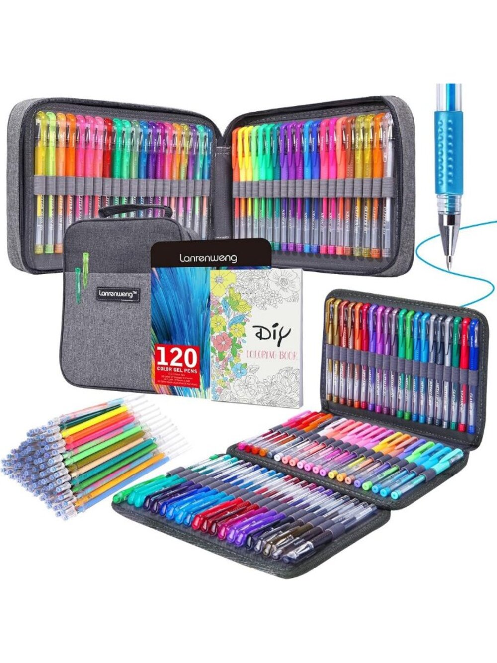 120 Colored Gel Pens Set with 120 Refills - Fine Tip Glitter for Art & Crafts